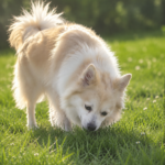 Cremefarbener Spitz frisst ruhig Gras auf einer sonnigen Wiese, daneben Symbole zu möglichen Ursachen wie Stress, Langeweile und empfindlichem Magen.
