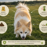 Cremefarbener Spitz frisst Gras auf einer Wiese, daneben Hinweise auf mögliche Gefahren wie Dünger, Pestizide, Tierkot und Fremdkörper.