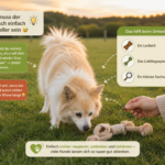 Cremefarbener Spitz wird draußen mit Leckerli und Spielzeug vom Grasfressen abgelenkt.