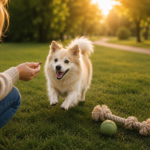 Cremefarbener Spitz wird draußen mit Leckerli und Spielzeug beschäftigt, um Grasfressen beim Hund zu vermeiden.