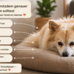 Cremefarbener Spitz liegt schlapp auf einem Hundebett, daneben Warnzeichen für problematisches Grasfressen beim Hund wie Würgen, Müdigkeit und Appetitlosigkeit.