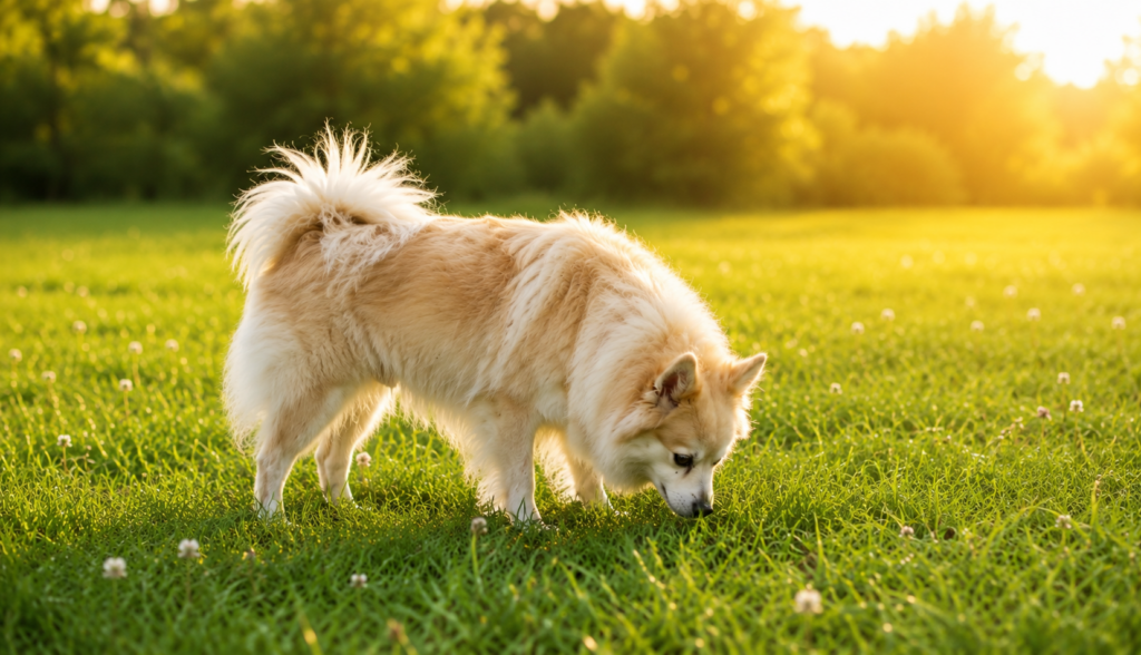 Cremefarbener Spitz frisst morgens Gras auf einer grünen Wiese – typisches Verhalten bei Hunden mit empfindlichem Magen oder aus Gewohnheit.